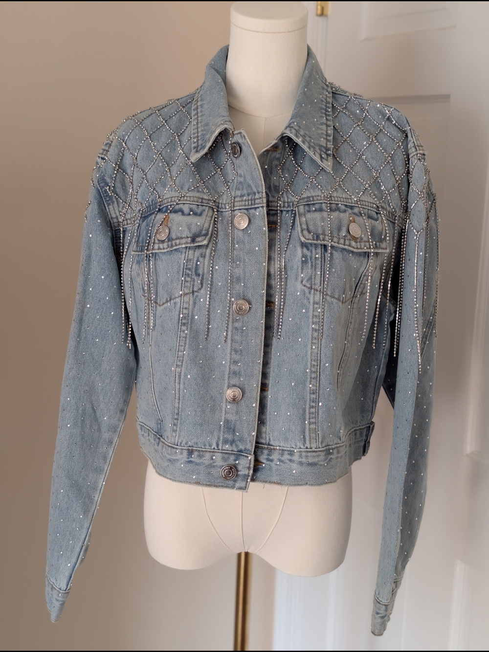 NWT Steve Madden Rhinestone Fringe Denim Jacket Light Wash Medium RARE